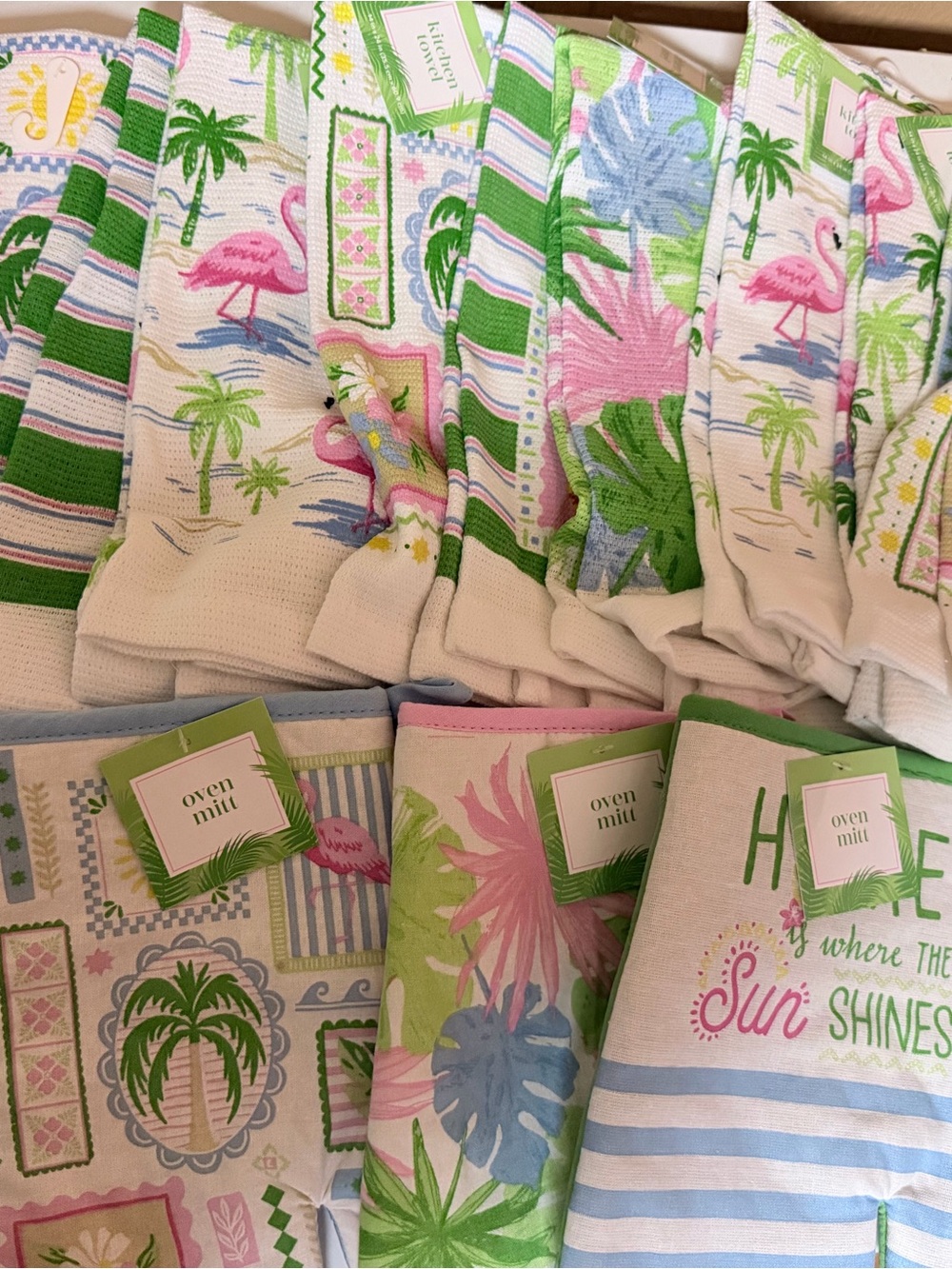 Oven Mitt Tropical Flamingo Cotton Kitchen Towels - Pink & Green and Oven Mitts
